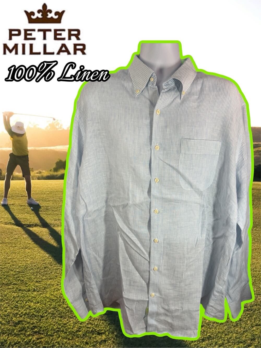 Peter Millar Crown Crafted Blue Stripe Button Down Shirt Mens Size XL Linen